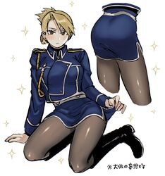  1girls ass blonde_hair blush boots brown_eyes female female_only fullmetal_alchemist fully_clothed legs lifting_skirt military military_uniform pale-skinned_female pale_skin riza_hawkeye skirt solo thighs tights tsuki_51219 