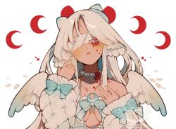  angel_wings blindfold blue_bow blush bow breasts choker cleavage_cutout clothing_cutout cone_hair_bun crescent crescent_moon detached_sleeves female frills gem hair_bun head_wings highres jewelry lips littlebluemuffin long_hair long_sleeves moon moon_phases necklace off_shoulder open_mouth original pearl pearl_necklace puffy_long_sleeves puffy_sleeves red_moon small_breasts string_of_pearls very_long_hair watermark white_background white_sleeves wings 