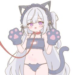  animal_ear_fluff animal_ears animal_hands black_bra black_panties blush blush_stickers bra cat_cutout cat_ears cat_girl cat_lingerie cat_tail cleavage_cutout clothing_cutout collar cowboy_shot female flat_chest frilled_bra frills gloves grey_hair grey_panties hairband leash long_hair looking_at_viewer mahou_shoujo_no_majo_saiban natsume_an-an navel one_side_up open_mouth panties paw_gloves purple_eyes simple_background smile solo tabedesuyo tail underwear very_long_hair white_background 