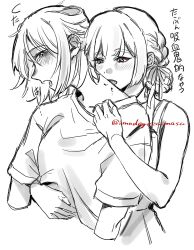  2girls biting biting_neck blush cho_kaguya-hime! commentary_request cone_hair_bun hair_bun highres imudegozaimasu multiple_girls oerba_yun_fang open_mouth runami_yachiyo runami_yachiyo_(wego) sakayori_iroha sakayori_iroha_(wego) shirt short_hair simple_background translation_request wego white_background yuri 