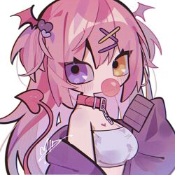  bare_shoulders blowing_bubble_gum blush breasts chewing_gum cleavage collar commentary_request commission demon_girl demon_tail demon_wings double-parted_bangs female hair_between_eyes hair_ornament hairclip hand_up head_wings heart heart_hair_ornament heterochromia jacket long_hair long_sleeves looking_at_viewer medium_breasts mid_(doa_3d) mini_wings off_shoulder open_clothes open_jacket orange_eyes original pink_hair purple_eyes purple_jacket red_collar signature simple_background skeb_commission sleeves_past_fingers sleeves_past_wrists solo strapless tail tube_top two_side_up upper_body white_background white_tube_top wings x_hair_ornament 