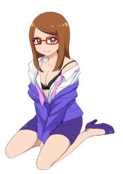  akai_meganee arms_between_legs black_bra bow bowtie bra breasts brown_eyes brown_hair closed_mouth collarbone collared_shirt commentary_request female full_body glasses high_heels jacket kiratto_pri_chan long_hair long_sleeves looking_at_viewer miniskirt nonzo_323 off_shoulder pink_bow pink_bowtie pretty_series purple_jacket purple_shoes purple_skirt rectangular_eyewear red-framed_eyewear shirt shoes simple_background sitting skirt smile solo underwear undone_bowtie v-shaped_eyebrows wariza white_background white_shirt 