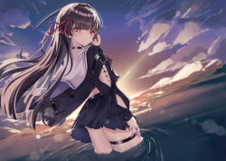  absurdres arm_cutout black_hair black_jacket black_skirt chisa_(wuthering_waves) closed_mouth clothing_cutout commentary_request dutch_angle female floating_clothes floating_hair from_behind hair_ribbon hand_up harurunoe highres jacket jewelry lens_flare long_hair long_sleeves looking_at_viewer looking_back miniskirt mole mole_under_eye ocean outdoors pink_eyes red_ribbon ribbon ring sailor_collar skirt smile solo sunset tacet_mark_(wuthering_waves) thigh_strap wading white_sailor_collar wuthering_waves 
