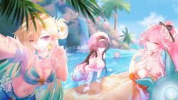  4girls absurdres ainu0098 aqua_bikini aqua_nails bikini bikini_skirt black_hair blonde_hair blue_sky body_markings breasts carlotta_(wuthering_waves) changli_(laurel_nymph)_(wuthering_waves) changli_(wuthering_waves) chisa_(peach_parfait)_(wuthering_waves) chisa_(wuthering_waves) cleavage colored_extremities commentary day english_commentary fingernails flower hair_flower hair_ornament hair_ribbon hat highres large_breasts looking_at_viewer lynae_(peppermint)_(wuthering_waves) lynae_(wuthering_waves) md5_mismatch mini_person minigirl multiple_girls nail_polish navel ocean one_eye_closed orange_eyes pink_bikini pink_hair pink_ribbon plaid_bikini plaid_clothes ponytail purple_eyes red_hands revision ribbon see-through_clothes see-through_shirt shirt skirt sky smile stomach swimsuit white_flower white_hat white_shirt white_skirt wuthering_waves 