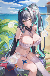  absurdres aqua_hair bare_shoulders beach bikini bird black_hair blue_sky blush breasts cleavage cloud colored_inner_hair commentary_request detached_sleeves female goddess_of_victory:_nikke hair_intakes hair_ornament highres large_breasts little_mermaid_(nikke) little_mermaid_(shell_princess)_(nikke) long_hair looking_at_viewer multicolored_hair navel ocean official_alternate_costume official_alternate_hairstyle parted_lips penguin penguin_squad_(nikke) richiman shell shell_hair_ornament single_thighhigh sitting sky starfish swimsuit thigh_strap thighhighs very_long_hair water wet white_bikini white_thighhighs yellow_eyes 