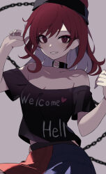  bare_shoulders black_shirt breasts chains cleavage clothes_writing female grey_background grin hat heart hecatia_lapislazuli highres long_hair looking_at_viewer medium_breasts multicolored_clothes multicolored_skirt off-shoulder_shirt off_shoulder red_eyes red_hair shirt short_sleeves simple_background skirt smile solo t-shirt touhou usuuuv 