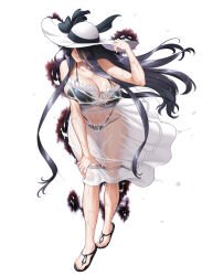  2024 bikini black_bikini black_hair breasts cleavage dress feet female floating_hair full_body hair_over_eyes hand_on_own_knee hat highres huge_breasts long_hair official_art sandals see-through shinonome_yahiro smile solo spaghetti_strap standing sun_hat sundress swimsuit taimanin_(series) taimanin_rpgx toenails toes transparent_background very_long_hair water wet wet_clothes wet_dress white_dress zol 