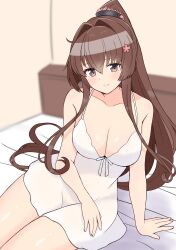  absurdres arm_support babydoll breasts brown_eyes brown_hair cherry_blossoms commission female flower fuminomino hair_between_eyes hair_flower hair_intakes hair_ornament highres kantai_collection large_breasts lingerie long_hair looking_at_viewer on_bed sidelocks sitting skeb_commission smile solo underwear very_long_hair white_babydoll yamato_(kancolle) 