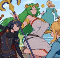  abs afrobull alternate_breast_size battle blonde_hair blue_eyes breasts clenched_teeth crossover english_commentary fighting fire_emblem fire_emblem_awakening highres huge_breasts kid_icarus kid_icarus_uprising large_breasts long_hair lucina_(fire_emblem) mario_(series) metroid multiple_girls palutena rosalina samus_aran small_breasts smile super_mario_galaxy super_smash_bros. teeth 