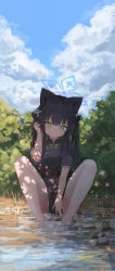  absurdres akizuki_kawakaze animal_ear_fluff animal_ears black_dress black_hair blue_archive blue_sky cat_ears chinese_clothes closed_mouth cloud day dress female green_eyes halo highres long_hair looking_at_viewer outdoors short_sleeves shun_(blue_archive) shun_(small)_(blue_archive) sky solo thighhighs water white_thighhighs 