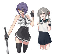  2girls black_gloves black_neckerchief black_thighhighs breast_pocket breasts brown_eyes cropped_legs eyepatch gloves grey_hair hair_between_eyes hair_ribbon high-waist_skirt highres holding holding_weapon kantai_collection large_breasts looking_at_viewer multiple_girls neckerchief orange_eyes partially_fingerless_gloves pleated_skirt pocket purple_hair red_ribbon ribbon sailor_collar school_uniform serafuku shirt short_hair simple_background skirt sleeveless sleeveless_shirt sword tenryuu_(kancolle) tenryuu_kai_ni_(kancolle) thighhighs usugumo_(kancolle) weapon white_background white_shirt yamano_rita 