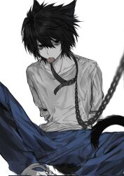  1_7iil0 1boy animal_ears black_eyes black_hair cat_ears cat_tail chain_leash chains collar death_note denim highres jeans l_(death_note) leash looking_at_viewer male_focus pale_skin pants shirt short_hair simple_background tail viewer_holding_leash white_background white_shirt 