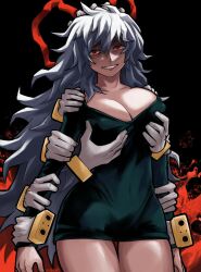  absurdres boku_no_hero_academia breast_lift breasts cleavage commentary dress female genderswap_(mtf) grey_hair highres large_breasts long_hair machipachi1901 red_eyes rule_63 scar shigaraki_tomura smile solo thigh_gap thighs white_hair wrinkled_skin 