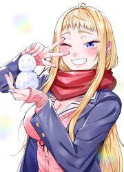  ;d absurdres blazer blonde_hair blue_eyes blue_jacket blush breasts cardigan cleavage commentary_request dosanko_gal_wa_namaramenkoi enpera female fuyuki_minami grin highres holding holding_snowman ikada_kai jacket large_breasts long_hair looking_at_viewer nose_blush one_eye_closed open_clothes open_jacket pink_cardigan purple_nails red_scarf scarf school_uniform short_bangs smile solo upper_body w_over_eye white_background 