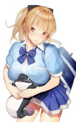  3: bag black_ribbon blonde_hair blue_bow blue_shirt blue_skirt bow breasts collared_shirt commentary_request cowboy_shot female hair_ribbon holding holding_stuffed_toy large_breasts looking_at_viewer megumi_yakiniku orange_eyes original plaid_bow ribbon school_bag school_uniform shirt short_sleeves simple_background skirt solo stuffed_seal stuffed_toy white_background 