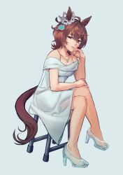  agnes_tachyon_(umamusume) ahoge animal_ears bare_shoulders breasts brown_hair cleavage closed_mouth commentary_request crossed_legs dress ear_ornament earrings feet female gaman glass_footwear hand_on_own_knee high_heels highres horse_ears horse_girl horse_tail jewelry legs medium_breasts messy_hair necklace on_stool red_eyes see-through see-through_footwear signature simple_background single_earring sitting solo strapless strapless_dress tail toenails toes umamusume white_background white_dress 