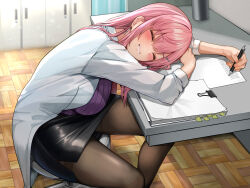  absurdres black_skirt black_thighhighs blush breasts chair closed_eyes desk feet_out_of_frame female grin hair_between_eyes hair_ornament hairclip highres holding holding_pen kihou_no_gotoku_dmc lab_coat large_breasts long_hair long_sleeves non-web_source original pantyhose paper pen pencil_skirt pink_hair purple_sweater ribbed_sweater sitting skirt sleeping smile solo spread_legs sweater teeth thighhighs wooden_floor 