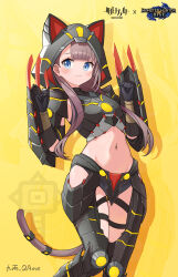  :3 absurdres animal_ear_hood arknights artist_name black_gloves black_hood blue_eyes blush brown_hair brown_tail chinese_commentary closed_mouth commentary_request copyright_name crop_top ear_piercing feet_out_of_frame female gloves hands_up highres hood hood_up jiuyu_qame long_hair looking_at_viewer midriff monster_hunter_(series) monster_hunter_rise navel pepe_(arknights) piercing smile solo standing tail yellow_background 