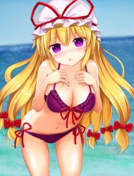  alternate_costume bikini blonde_hair blush bow breasts cleavage commentary_request female hairbow hat hat_ribbon heart heart-shaped_pupils highres leaning_forward long_hair looking_at_viewer midriff mob_cap multiple_hair_bows navel ocean open_mouth purple_bikini purple_eyes red_bow ribbon side-tie_bikini_bottom solo suigetsu_(watermoon-910) swimsuit symbol-shaped_pupils touhou yakumo_yukari 