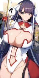  ? blue_eyes breasts capelet center_opening cleavage fate/grand_order fate_(series) female gauntlets gin_moku hair_ribbon highres large_breasts leotard long_hair looking_at_viewer martha_(fate) navel purple_hair ribbon solo staff thighs white_capelet white_leotard 