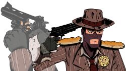  1boy baguette balaclava black_eyes black_gloves bread butter buttoned_cuffs buttons collared_shirt commentary english_muffin fedora food food_on_clothes frown fujimna gloves gun gun_to_head hashtag-only_commentary hat hat_ribbon highres holding holding_gun holding_weapon jacket long_sleeves looking_down male_focus meme necktie pasta_la_vista_(meme) pinstripe_jacket pinstripe_pattern red_hat red_jacket red_necktie red_ribbon red_spy_(tf2) revolver ribbon shirt simple_background spy_(tf2) suit_jacket team_fortress_2 upper_body weapon white_background white_shirt 