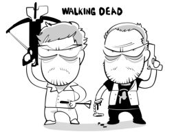  2boys amputee arrow_(projectile) arrow_in_body blood chibi chibi_only crossbow daryl_dixon facial_hair full_body goatee greyscale gun holding holding_crossbow holding_gun holding_weapon male_focus merle_dixon monochrome moustache multiple_boys no_nose sido_(slipknot) simple_background the_walking_dead weapon 