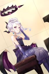  :d absurdres adjusting_hair bare_shoulders blue_archive bow collarbone commentary crescent_print dangle_earrings demon_girl demon_horns demon_wings dress earrings elbow_gloves female forehead gloves grand_piano hair_ribbon hairbow halo highres hina_(blue_archive) hina_(dress)_(blue_archive) horns instrument jewelry long_hair looking_at_viewer necklace official_alternate_costume official_alternate_hairstyle on_bench parted_bangs parted_lips pearl_necklace pendant piano piano_bench ponytail print_dress purple_dress purple_eyes purple_gloves ribbon sidelocks sitting smile solo starry_sky_print strapless strapless_dress tile_wall tiles walking_nakta wavy_hair wings 