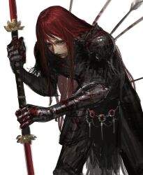  abstract_background armor arrow_(projectile) black_armor blood blood_on_armor blood_on_face commentary double-blade elden_ring english_commentary female gauntlets hanneli_(hanny) hanny_(uirusu_chan) highres holding holding_sword holding_weapon impaled long_hair red_eyes red_hair simple_background solo sword tarnished_(elden_ring) weapon 