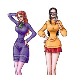  2girls alternate_costume black_hair cosplay daphne_ann_blake daphne_ann_blake_(cosplay) dress eiichiroyoda glasses hairband hand_on_own_head hand_on_own_hip highres long_hair looking_at_viewer multiple_girls nami_(one_piece) nico_robin oda_eiichirou_(style) one_piece orange_hair orange_sweater purple_dress purple_hairband red_skirt scooby-doo simple_background skirt sweater velma_dace_dinkley velma_dace_dinkley_(cosplay) white_background 