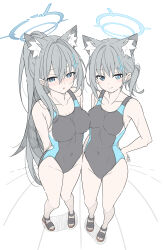  2girls animal_ear_fluff animal_ears arms_behind_back black_one-piece_swimsuit blue_archive blue_eyes blue_halo blue_one-piece_swimsuit blush breasts broken_halo closed_mouth commentary covered_navel cross cross_hair_ornament earrings extra_ears foreshortening grey_hair hair_ornament halo hand_on_own_hip highleg highleg_one-piece_swimsuit highres inverted_cross jewelry large_breasts long_hair looking_at_viewer medium_breasts mismatched_pupils multiple_girls official_alternate_costume official_alternate_hairstyle one-piece_swimsuit ponytail shiroko_(blue_archive) shiroko_(swimsuit)_(blue_archive) shiroko_terror_(blue_archive) short_ponytail simple_background smile standing stud_earrings swimsuit symbol-only_commentary t1kosewad white_background wolf_ears wolf_girl 