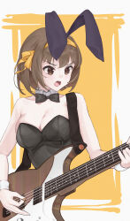  absurdres animal_ears black_bow black_bowtie bow bowtie breasts brown_eyes brown_hair cleavage cropped_torso detached_collar electric_guitar fake_animal_ears female guitar hairband highres holding holding_plectrum instrument looking_down manzaak medium_breasts music playboy_bunny playing_instrument plectrum rabbit_ears solo strap suzumiya_haruhi suzumiya_haruhi_no_yuuutsu upper_body v-shaped_eyebrows wrist_cuffs yellow_hairband 