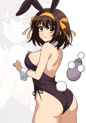  animal_ears armpit_crease artist_logo ass backless_leotard bare_legs bare_shoulders black_leotard breasts brown_eyes brown_hair closed_mouth detached_collar fake_animal_ears fake_tail female hairband hands_up highres leotard logo looking_at_viewer medium_breasts orange_hairband pantyhose playboy_bunny rabbit_ears rabbit_tail short_hair sideboob simple_background smile solo suzumiya_haruhi suzumiya_haruhi_no_yuuutsu tail white_background wrist_cuffs yuiyu_ki zoom_layer 
