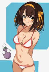  arms_behind_back artist_logo bikini breasts brown_eyes brown_hair cleavage closed_mouth cowboy_shot female hairband halterneck highres logo looking_at_viewer medium_breasts medium_hair navel orange_hairband red_trim smile solo stomach string_bikini suzumiya_haruhi suzumiya_haruhi_no_yuuutsu swimsuit white_bikini yuiyu_ki 