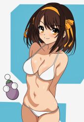  arms_behind_back artist_logo bikini breasts brown_eyes brown_hair cleavage closed_mouth cowboy_shot female hairband halterneck highres logo looking_at_viewer medium_breasts medium_hair navel orange_hairband smile solo stomach string_bikini suzumiya_haruhi suzumiya_haruhi_no_yuuutsu swimsuit white_bikini yuiyu_ki 