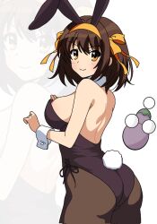  animal_ears armpit_crease artist_logo ass backless_leotard bare_shoulders black_leotard breasts brown_eyes brown_hair brown_pantyhose closed_mouth detached_collar english_commentary fake_animal_ears fake_tail female hairband hands_up highres leotard logo looking_at_viewer medium_breasts orange_hairband pantyhose playboy_bunny rabbit_ears rabbit_tail short_hair sideboob simple_background smile solo suzumiya_haruhi suzumiya_haruhi_no_yuuutsu tail white_background wrist_cuffs yuiyu_ki zoom_layer 