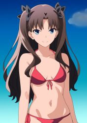  absurdres anime_coloring bikini blue_eyes blue_sky breasts brown_hair closed_mouth cloud collarbone day fate/stay_night fate_(series) female hair_ribbon halterneck highres kosaka_utaha long_hair looking_at_viewer navel red_bikini ribbon side-tie_bikini_bottom sidelocks sky small_breasts smile solo stomach string_bikini swimsuit tohsaka_rin two_side_up very_long_hair 