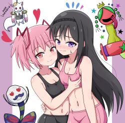  2girls absurdres akemi_homura black_hair black_hairband black_pants black_sports_bra blush bound breasts cleavage closed_mouth grabbing_another&#039;s_breast groping hair_ribbon hairband hand_on_another&#039;s_waist highres kaname_madoka kurogami1156 kyuubee long_hair looking_at_viewer mahou_shoujo_madoka_magica mahou_shoujo_madoka_magica_(anime) midriff multiple_girls navel pants pink_eyes pink_hair pink_pants pink_sports_bra ribbon rope short_twintails small_breasts smile sports_bra stomach tied_up_(nonsexual) twintails very_long_hair wavy_mouth witch_(madoka_magica) yoga_pants yuri 