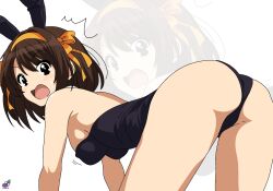 all_fours animal_ears ass bare_legs bare_shoulders black_eyes black_leotard blush breasts fake_animal_ears female from_behind from_side hairband leotard looking_at_viewer medium_breasts official_alternate_costume open_mouth orange_hairband playboy_bunny rabbit_ears short_hair solo surprised suzumiya_haruhi suzumiya_haruhi_no_yuuutsu yuiyu_ki zoom_layer 