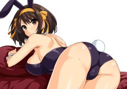  animal_ears ass backless_leotard black_leotard breasts brown_eyes brown_hair closed_mouth fake_animal_ears fake_tail female hairband haruhisky highres large_breasts leotard looking_at_viewer looking_back playboy_bunny rabbit_ears rabbit_tail solo suzumiya_haruhi suzumiya_haruhi_no_yuuutsu tail v-shaped_eyebrows variant_set 