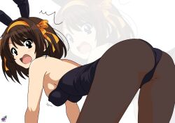  all_fours animal_ears ass bare_shoulders black_eyes black_leotard blush breasts brown_pantyhose fake_animal_ears female from_behind from_side hairband leotard looking_at_viewer medium_breasts official_alternate_costume open_mouth orange_hairband pantyhose playboy_bunny rabbit_ears short_hair solo surprised suzumiya_haruhi suzumiya_haruhi_no_yuuutsu yuiyu_ki zoom_layer 