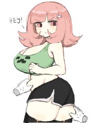  black_shorts black_thighhighs breasts brown_hair creeper danganronpa_(series) danganronpa_2:_goodbye_despair female flipped_hair frown galaga green_shirt grey_background hair_ornament highres large_breasts looking_at_viewer m3link medium_hair minecraft mole mole_on_breast nanami_chiaki pink_eyes shirt shorts simple_background solo_focus spaceship_hair_ornament thighhighs 