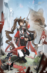  :d absurdres alternate_eye_color angelina_(arknights) arknights bag bare_shoulders belt black_bag black_boots black_gloves black_thighhighs boots bracelet breasts brown_hair character_doll choshanland_plushy_(arknights) coat coattails dandelion day dress elbow_gloves envelope female flower fog fox fox_girl full_body gilberta_(arknights) gloves grass grey_dress headgear high_belt highres holding holding_staff infection_monitor_(arknights) jewelry long_hair looking_at_viewer medium_breasts messenger_bag no_nose northernw number-only_commentary obelisk oerba_yun_fang open_clothes open_coat originium_(arknights) outdoors pillar red_coat red_flag rock saturn_(planet) short_dress shoulder_bag simple_bird skin_fang sky smile solo staff standing stuffed_animal stuffed_toy thighhighs twintails very_long_hair yellow_eyes 
