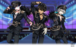  3boys ainchase_ishmael audience bandaged_hand bandages belt black_belt black_gloves black_hair black_hat black_jacket black_pants blue_hair blurry blurry_background chain_belt chest_tattoo ciel_(elsword) collarbone collared_jacket colored_inner_hair cowboy_shot dark-skinned_male dark_skin depth_of_field determined dress_pants elsword epaulettes fur-trimmed_jacket fur_trim game_cg gloves glowstick green_eyes grey_hair hair_between_eyes half_gloves hand_on_headwear hand_on_own_hip hat highres hwansang idol jacket lapels logo long_sleeves low_ponytail male_focus multicolored_hair multiple_boys night official_alternate_costume official_art outdoors outstretched_hand pants peaked_cap peaked_lapels pectoral_cleavage pectorals penlight_(glowstick) pointing pointing_at_another pointy_ears ponytail raven_cronwell scar scar_on_cheek scar_on_face second-party_source short_hair single_glove stage standing swept_bangs tattoo thigh_strap 