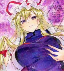  alto2019 blonde_hair breasts commentary_request dress female grabbing_own_breast hand_in_own_hair hat hat_ribbon highres large_breasts long_hair long_sleeves mob_cap parted_lips purple_hair red_ribbon ribbon solo touhou traditional_media very_long_hair white_dress white_hat yakumo_yukari 