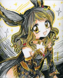  2000s_(style) animal_ears black_cape black_dress black_hair breasts cape character_request choker cleavage commentary copyright_request corrupted_twitter_file crayon_(medium) detached_sleeves dress english_commentary female highres long_hair looking_at_viewer oceaninspace open_mouth small_breasts smile traditional_media yellow_eyes 