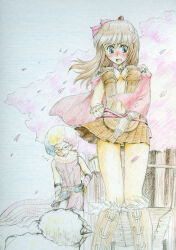  1boy afro amistr_(ragnarok_online) animal_around_neck belt blonde_hair blue_eyes blue_hair boots bow breasts brown_belt brown_boots brown_dress brown_hair cape cherry_blossoms colored_pencil_(medium) commentary_request creator_(ragnarok_online) detached_sleeves dress feet_out_of_frame female fox fur-trimmed_boots fur_trim gloves harunyan highres long_hair medium_breasts multicolored_hair open_mouth outdoors panties pantyshot pink_bow pink_shirt plunging_neckline professor_(ragnarok_online) ragnarok_online red_cape red_hair sheep shirt short_dress short_hair sleeveless sleeveless_shirt standing striped_sleeves traditional_media underwear white_gloves white_panties white_sleeves wind wind_lift 