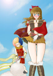  1boy afro amistr_(ragnarok_online) animal_around_neck belt blonde_hair blue_eyes blue_hair blue_sky boots bow breasts brown_belt brown_boots brown_dress brown_hair cape colored_pencil_(medium) commentary_request creator_(ragnarok_online) day detached_sleeves dress feet_out_of_frame female fox fur-trimmed_boots fur_trim gloves hairbow harunyan highres long_hair medium_breasts multicolored_hair open_mouth outdoors panties pantyshot pink_bow pink_panties pink_shirt plunging_neckline professor_(ragnarok_online) ragnarok_online red_bow red_cape red_hair sheep shirt short_dress short_hair sky sleeveless sleeveless_shirt standing striped_sleeves traditional_media underwear white_gloves white_sleeves wind wind_lift 