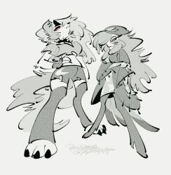  anthro avian avian_demon beak beanie bird canid canid_demon canine clothed clothing collar demon duo female grey_background hat headgear headwear hellaverse hellhound helluva_boss hi_res loona_(helluva_boss) mammal monochrome mythological_canine mythological_creature mythology octavia_(helluva_boss) owl owl_demon simple_background spiked_collar spikes yasutak1192 