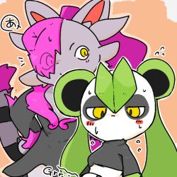  1:1 ambiguous_gender ardest bear blush blush_stickers domestic_cat duo felid feline felis female giant_panda hair hair_over_eye japanese_text leafan_(pal) mammal nyafia_(pal) pal_(species) palworld pocketpair rumbling_stomach speech_bubble tail text translucent translucent_hair 