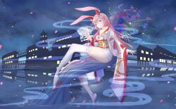  absurdres alternate_eye_color animal_ears breasts closed_mouth commentary female fox_ears full_body highres honkai_(series) honkai_impact_3rd japanese_clothes kimono long_hair medium_breasts night okobo outdoors petals pink_eyes pink_hair platform_sandals sandals solo thighhighs uchikake white_kimono white_thighhighs yae_sakura yae_sakura_(gyakushinn_miko) yae_sakura_(sublime_lotus) yichuanxue 